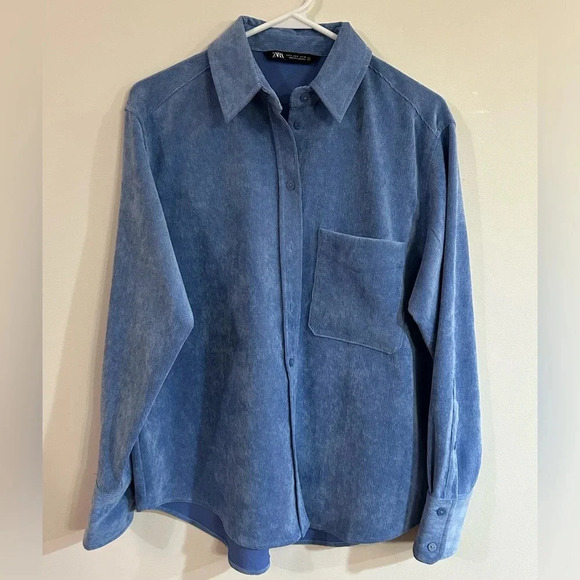 NWOT ZARA Fine-Waled Corduroy Shirt Button Up Oversized Blue Shacket size S - Picture 3 of 11